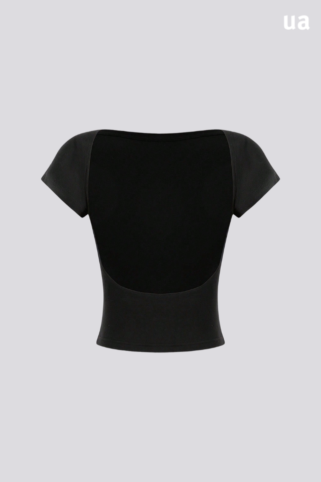 Camiseta feminina de verão, ajustada, com ombros à mostra, de manga curta, decote nas costas, em design minimalista e casual, em tecido liso