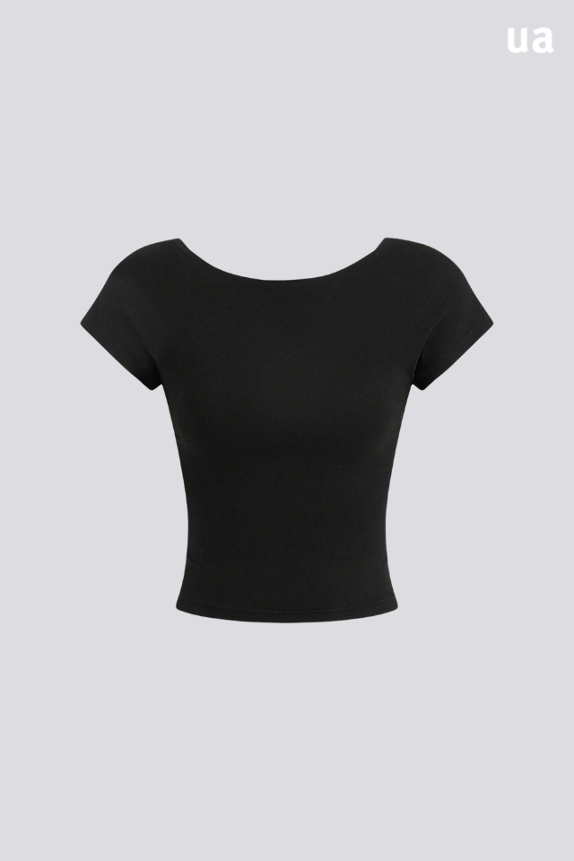 Camiseta feminina de verão, ajustada, com ombros à mostra, de manga curta, decote nas costas, em design minimalista e casual, em tecido liso