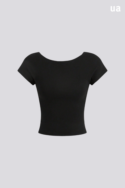Camiseta feminina de verão, ajustada, com ombros à mostra, de manga curta, decote nas costas, em design minimalista e casual, em tecido liso