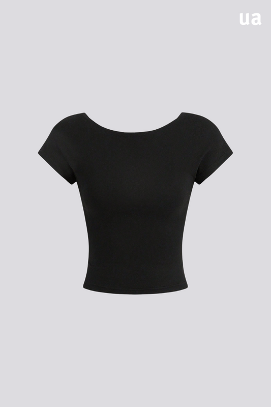 Camiseta feminina de verão, ajustada, com ombros à mostra, de manga curta, decote nas costas, em design minimalista e casual, em tecido liso