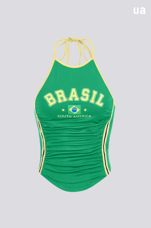 Top Verão Esportivo Com Padrão De Letras Contraste De Cores Plissado Com Gola Halter