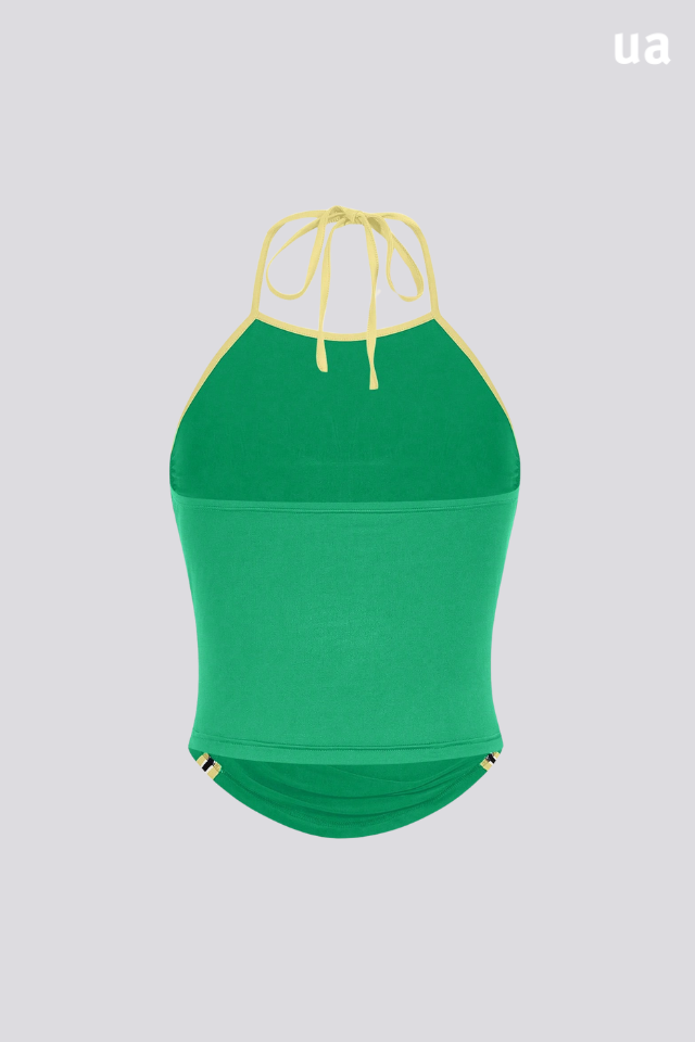 Top Verão Esportivo Com Padrão De Letras Contraste De Cores Plissado Com Gola Halter